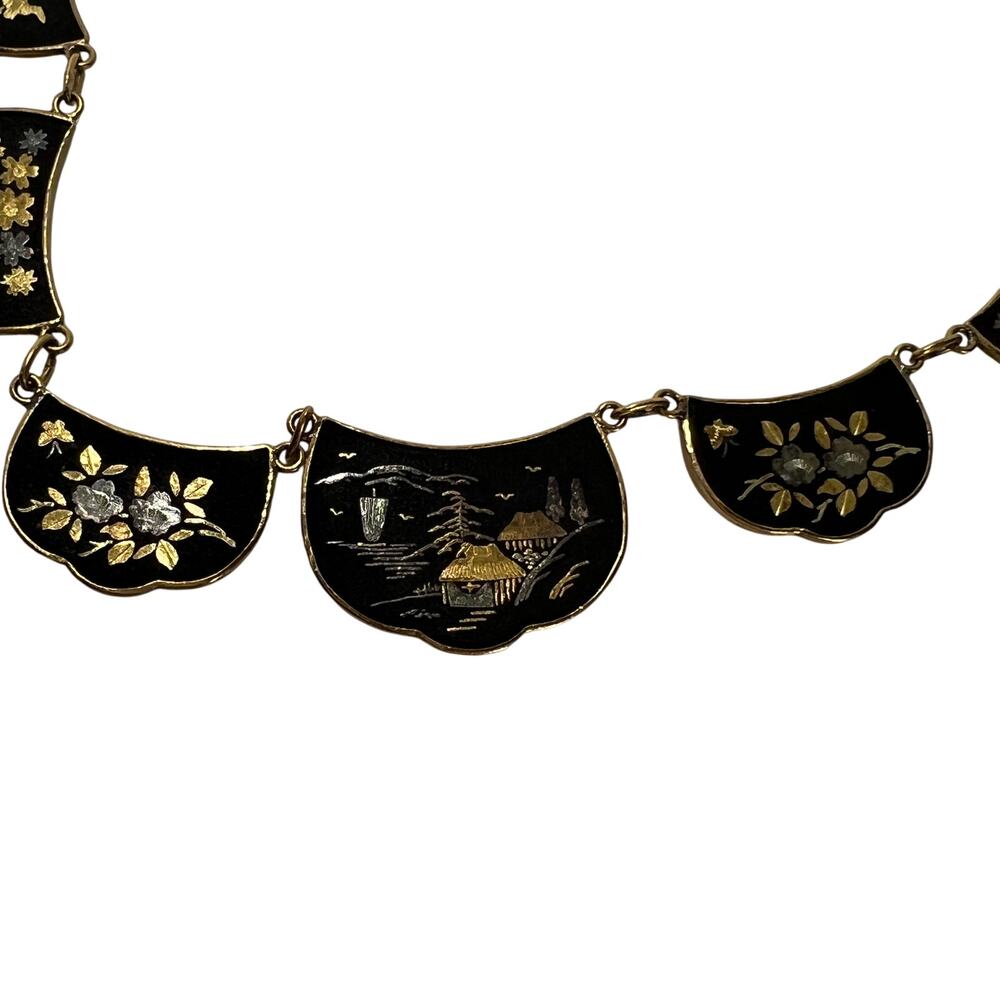 Vintage Japanese Damascene Landscape Fan Bib Statement Necklace Made In Japan - Picture 4 of 14